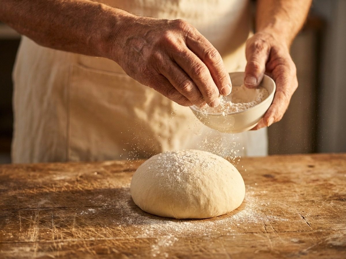 Anonymous hands dusting flour over a ball of tortilla dough