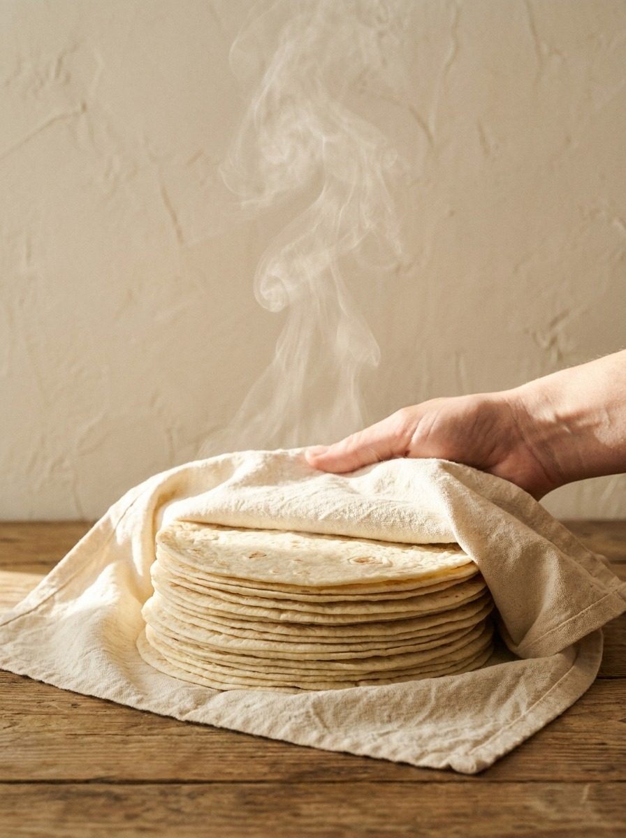 Stack of warm flour tortillas wrapped in cloth in morning sunlight