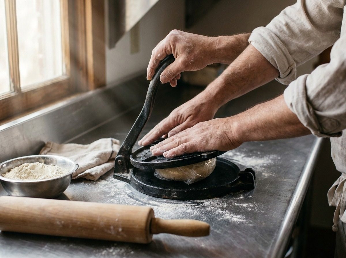 Anonymous hands pressing a flour tortilla in a cast-iron press
